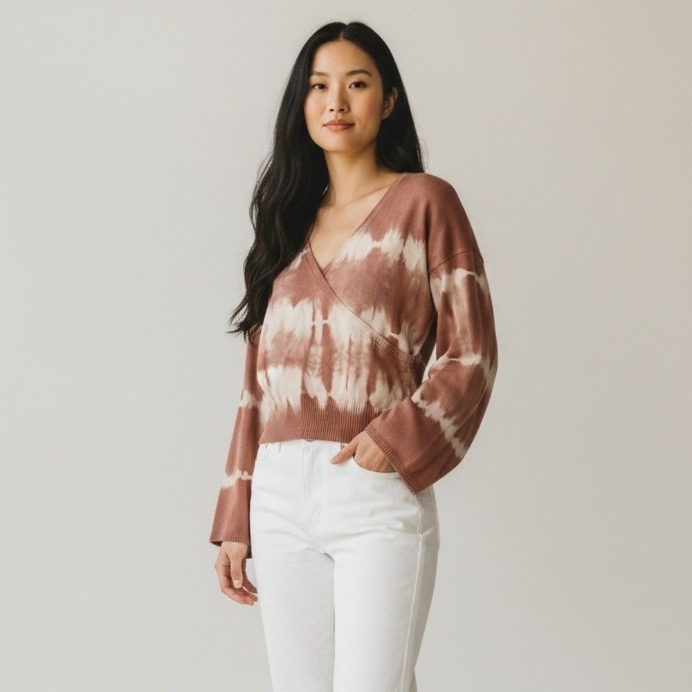 FATE Terracotta Tie Dye Wrap Front Sweater Medium Roll Tab Sleeve V-Neck
